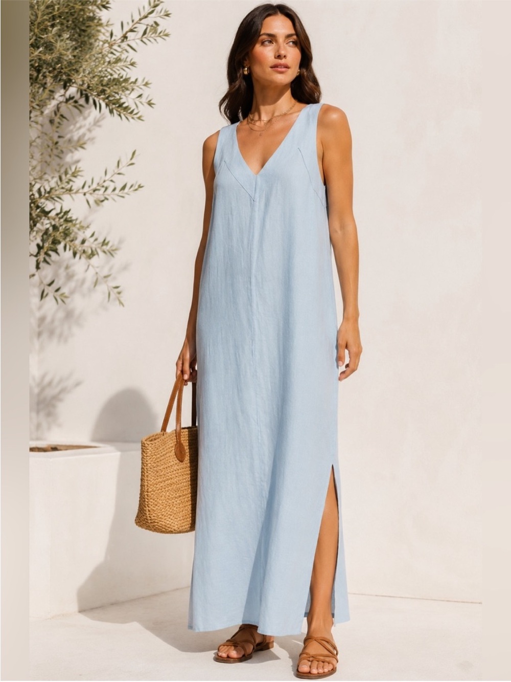 Dkny Pale Blue V-Neck Sleeveless Maxi Dress